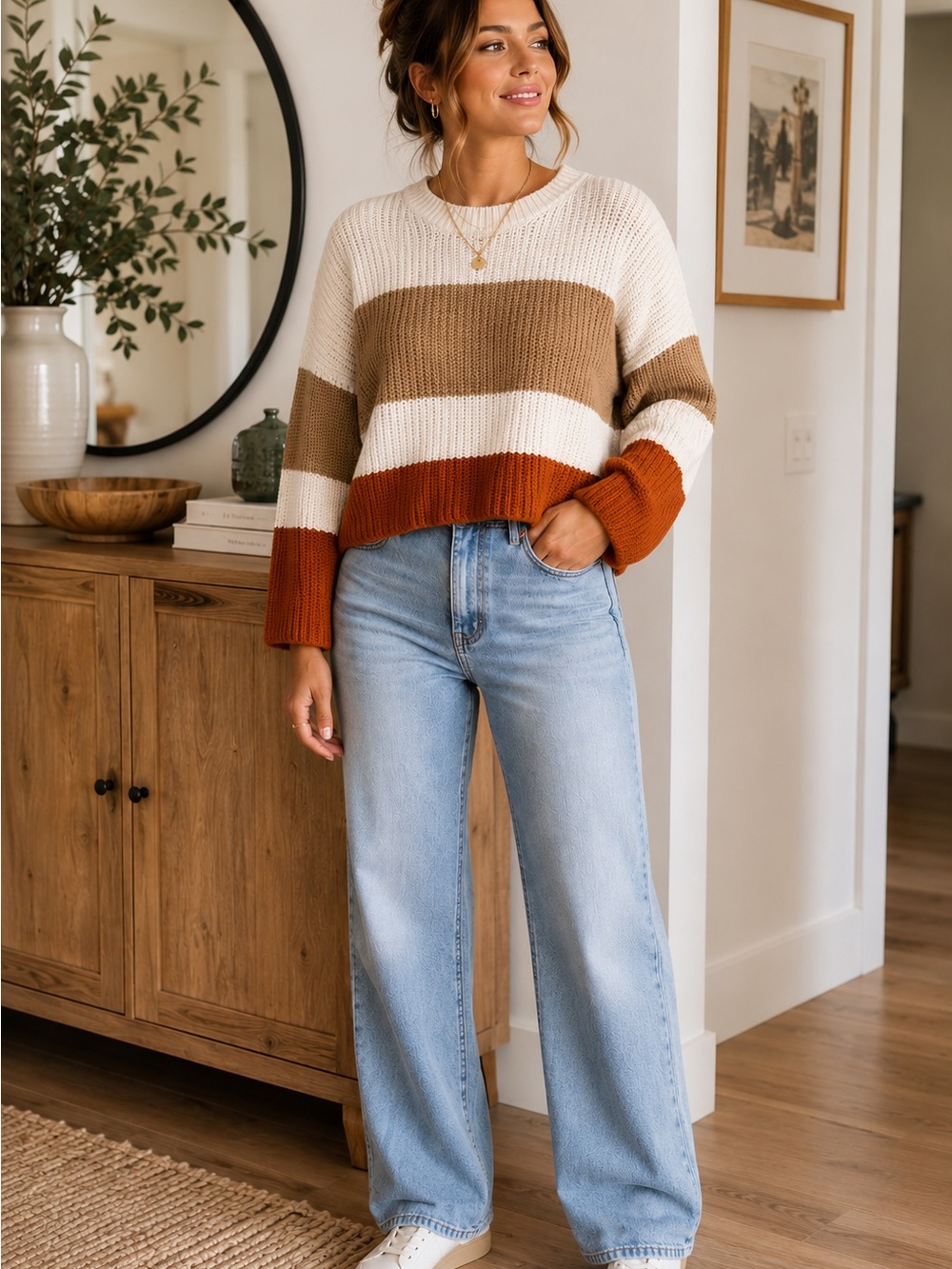 Moon & Madison OVERSIZED Colorblock Chunky Knit Cropped Sweater- Size Large
